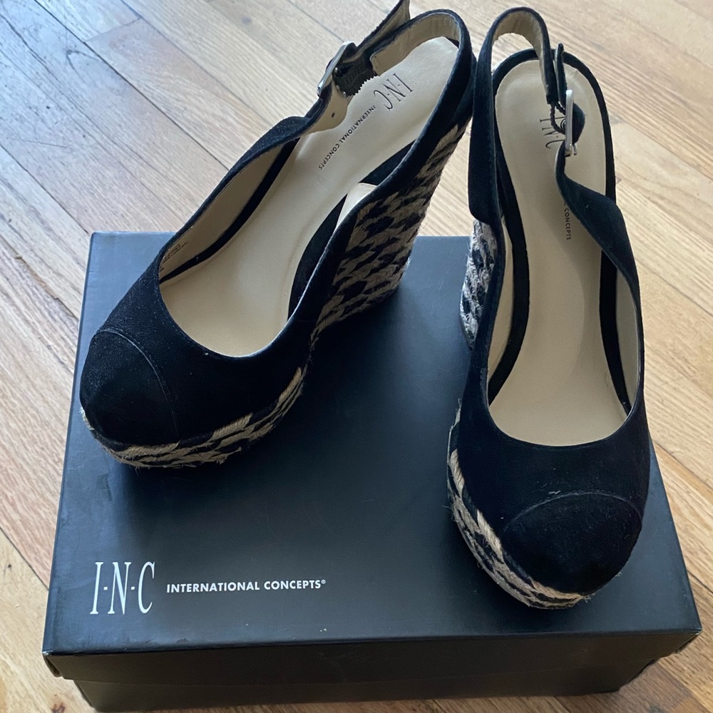 INC Black Slingback Suede Wedge Heel Shoe Size 6